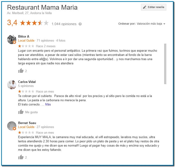 Cómo responder a las reseñas negativas en Google My Business ejemplo Restaurante Mama Maria de Andorra no responde error estratégico total además de falta de respeto por sus clientes