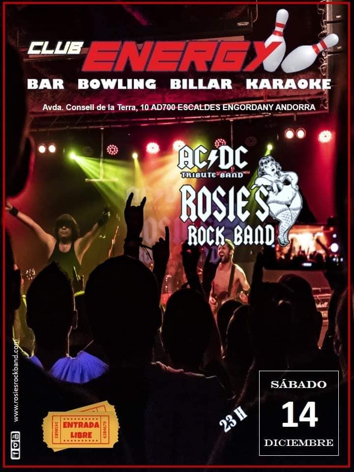 Reviu una nit d’adrenalina i bogeria amb les cançons del grup de rock més famós de tots els temps AC DC. El dissabte, 14/12, et convidem al tribut d’aquesta banda de la mà del grup ROSIE’S,