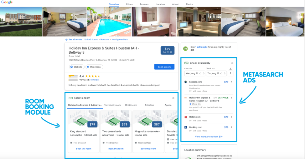 Room Booking Module otro paso de Google contra las OTAs una función extra de Google Hotel Ads (GHA) que Google incluye debajo de los distintos precios del Hotel