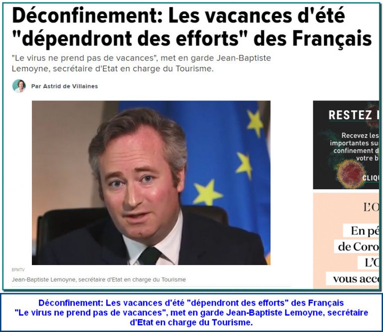 Déconfinement: Les vacances d'été "dépendront des efforts" des Français "Le virus ne prend pas de vacances", met en garde Jean-Baptiste Lemoyne, secrétaire d'Etat en charge du Tourisme.
