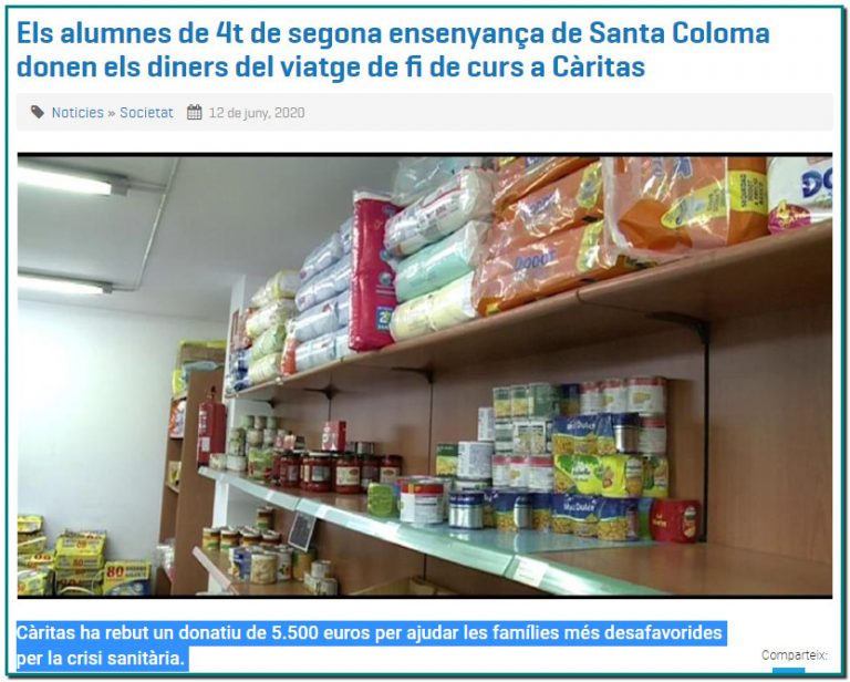 Un cop mes Andorra i els seus joves un exemple Càritas ha rebut un donatiu de 5.500 euros per ajudar les famílies més desafavorides per la crisi sanitària. 