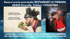 El próximo sábado 27 de abril, el Restaurante La Torrada, ubicado en el encantador Xixerella Resort, será el anfitrión de una tarde / noche inolvidable llena de risas y asombro. A las 17:30 horas, los asistentes tendrán el privilegio de disfrutar del espectáculo del gran Mago Patxi, un artista que combina habilidosamente el humor y la magia para crear una experiencia única e inolvidable para su audiencia. Conocido por su distintiva peluca y gafas de piloto, el Mago Patxi es un personaje que irradia energía y diversión, prometiendo una velada llena de entretenimiento y sorpresas. El Mago Patxi no es un mago cualquiera; su talento ha sido reconocido y aplaudido en escenarios internacionales. En 2017, se destacó como finalista en el Mundial de Magia de Calle, uno de los concursos más prestigiosos para magos de su especialidad. Y en el 2019, finalmente consiguió el primer premio mundial de magia de calle.  Su destreza y originalidad lo llevaron a ganar el primer premio en el Festival Master of Magic, consolidando su reputación como uno de los magos de calle más destacados del mundo. Estos logros no solo hablan de su habilidad técnica, sino también de su capacidad para conectar con el público a través de su humor y carisma. La presentación del Mago Patxi en el Restaurante La Torrada es una oportunidad imperdible para quienes buscan una experiencia única en nuestro Restaurante acompañada de entretenimiento de primer nivel. Su acto promete ser una mezcla explosiva de risas, asombro y magia que, sin duda, dejará a todos los presentes maravillados. La combinación de un ambiente acogedor, excelente gastronomía y un espectáculo de magia de clase mundial, hace de este evento una cita obligada para quienes se encuentren en Xixerella Resort ese fin de semana. No pierdan la oportunidad de ser parte de esta mágica única y exclusiva, después puede cenar en Restaurant La Torrada o en la Borda Xixerella. Reservi ara la seva taula: RESTAURANT LA TORRADA Adreça: AD400 Xixerella. Telèfon: +376367864 mk@restaurant-latorrada-xixerella.com (Màrqueting) #mago #magia #magic #magician #ilusionista #illusionist #show #magictrick #illusionista #magicians #o #art #prestigiatore #closeupmagic #magictricks #magiadecerca #magos  #teatro #cartomagia #n #illusion #magicshow #cardistry #gfriend #ilusionismo #streetmagic #cards #ellusionist https://restaurant-latorrada-xixerella.com/2024/04/14/el-proximo-sabado-27-de-abril-el-restaurante-la-torrada-ubicado-en-el-encantador-xixerella-resort-sera-el-anfitrion-de-una-tarde-noche-inolvidable-llena-de-risas-y-asombro-a-las-1730-horas-los/