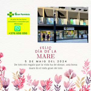A Gran Farmàcia Andorra, et desitgem un feliç dia de la Mare. Una mare és aquella persona que pot prendre el lloc de tothom, però el seu lloc ningú pot prendre'l. #diadelamadre #diadelamare #mamá #mothersday #andorra #andorralavella