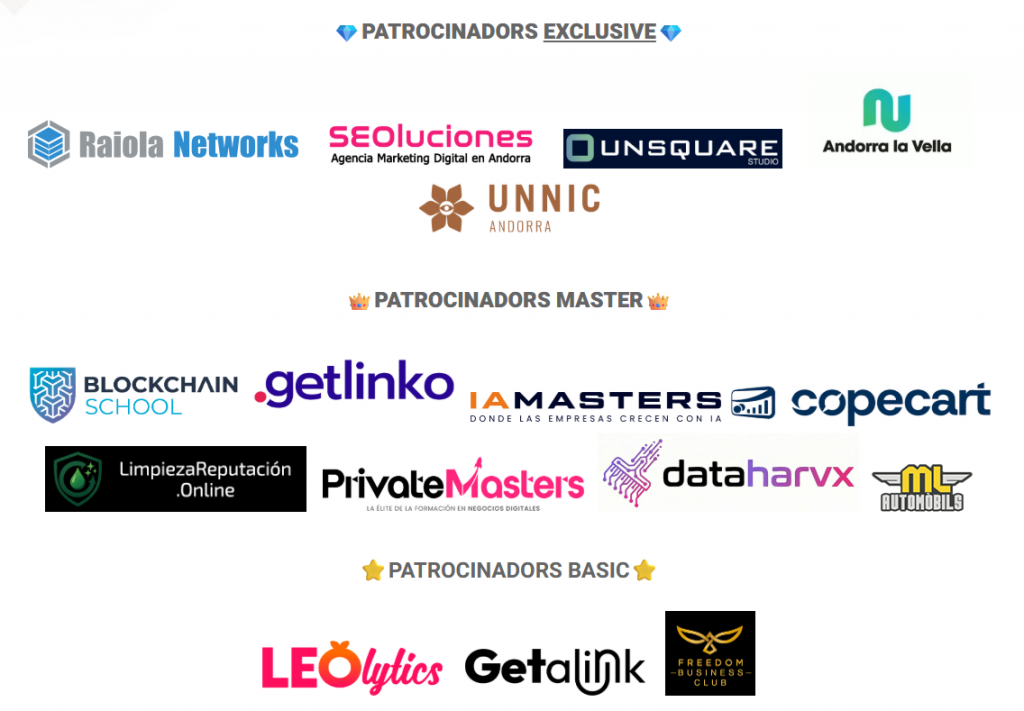 Plàning Andorra Màsters 19/03/2026 15:00 A 15:30 Entrada a l’esdeveniment al centre de congressos Andorra La Vella🎫 T’esperem amb un càtering de cafè 15:30 A 15:50 Presentació de l’esdeveniment📢 David Ayala (Info)15:50 A 16:15 Motivació empresarial (títol provisional)📢 Soma (Info)16:15 A 16:40 Claus per vendre a través de la teva marca personal el 2026📢 Xavi Esqueriguela (Info) 16:40 A 17:00 Debat cara a cara: Què és el que mata les empreses?📢 Álvaro Fontela (Info), Fran Collado (Info), Emilio Marquez (Info), Oliver Libre (Info) 17:00 A 17:25 Les claus de la inversió immobiliària📢 Fàtima i Sergio de AIO (Info) 17:25 A 17:50. 6 Anys i +30 M€ Venent Infoproductes📢 Daniel Alcaide (Info) 17:50 A 18:15. Com triplicar les vendes acomiadant a tots els teus empleats📢 Luis Monge Malo (Info) 18:15 A 20:30. Networking + Gourmet Experience🍷 Coneix gent, fes negocis i contactes mentre gaudeixes de vi, cervesa, talladors de pernil i productes selectes. 20:30. Final de l’esdeveniment🏁 Gràcies per assistir a l’esdeveniment. 23:00 La festa continua a la discoteca de l’UNNIC🎉 Acaba el dia amb més networking a la festa Andorra Màsters a UNNIC ADQUISICIÓ D’ENTRADES OBTINGUES LA TEVA ENTRADA JA! El preu anirà pujant mes a mes fins al dia de l’esdeveniment. Si vindràs en grup, posa’t a contacte amb nosaltres per preguntar-nos per descomptes per a grups. La venda de les entrades les fem mitjançant Entradium.