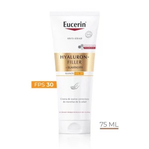 Comprar HYALURION FILLER + ELASTICITY CREMA DE MANOS CORRECTOR DE MANCHAS DE LA EDAD FPS 30 en FARMACIA CENTRAL ANDORRA. La crema de manos correctora Eucerin Hyaluron-Filler + Elasticity con FPS 30 reduce eficazmente las manchas de la edad gracias al Thiamidol patentado y previene su reaparición. Mejora la elasticidad y firmeza de la piel, ofrece una rápida absorción sin sensación grasa y proporciona hasta 24 horas de hidratación. Características principales: Reducción de manchas: Contiene Thiamidol, activo patentado que actúa en la raíz de la hiperpigmentación. Protección solar: FPS 30 (filtros UVA/UVB) para prevenir nuevas manchas inducidas por el sol. Antiedad: Antiedad: Mejora la firmeza y elasticidad, con resultados visibles en la textura de la piel. Textura: Textura: Ligera, de rápida absorción y ligeramente perfumada. Hidratación: Hidratación: Hidratación: Hidratación: Proporciona hidratación intensa hasta por 24 horas.