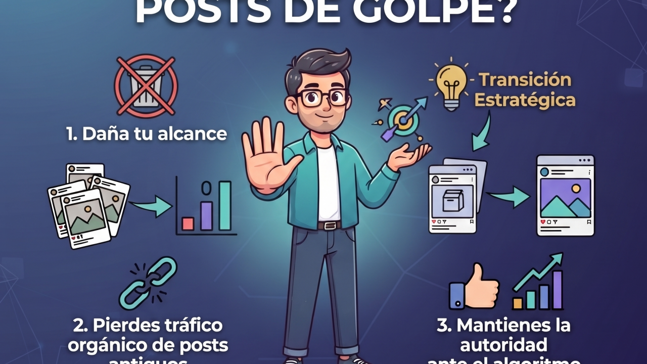No, no es aconsejable borrar todos los posts de golpe si tienes un perfil de Instagram posicionado. Hacerlo puede dañar tu alcance, eliminar el historial que valida tu autoridad ante el algoritmo y perder el tráfico orgánico que llega a publicaciones antiguas. En lugar de empezar desde cero, lo ideal es una transición estratégica para adaptar el contenido a tu nueva dirección.1. ¿Por qué es mala idea borrar todo? Pérdida de posicionamiento: El algoritmo de Instagram premia la antigüedad y el historial de interacción. Borrar contenido borra el “historial” de tu cuenta.  Caída de tráfico: Muchas visitas llegan a perfiles posicionados a través de publicaciones antiguas que rankean bien en la sección de Explorar o en hashtags. Impacto en el engagement: Las cuentas que eliminan publicaciones de golpe suelen sufrir una caída drástica en su alcance general. 2. Pasos recomendados para hacer la transición. Para adaptar tu perfil posicionado a los nuevos objetivos del mismo negocio, sigue estos pasos: Archiva en lugar de borrar: Si hay fotos personales, contenido muy antiguo o publicaciones que desentonan totalmente, utiliza la opción de Archivar. Esto oculta el post del público, pero conserva las interacciones y estadísticas originales de tu cuenta.  Reorganiza tu feed: Oculta o archiva los posts menos relevantes y utiliza la función Fijar en la parte superior de tu perfil (hasta 3 publicaciones) para destacar tu contenido más reciente, atractivo y enfocado en la nueva dirección de tu negocio.  Comunica el cambio: Crea un vídeo en Reel o un carrusel explicando la evolución de tu negocio. A tu audiencia actual le gustará saber qué novedades ofrecen y por qué ha cambiado el enfoque. Adapta el SEO de tu perfil: Asegúrate de que tu nombre de usuario, biografía y palabras clave reflejen el enfoque actual para seguir atrayendo al público objetivo correcto.