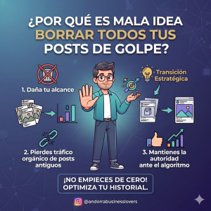 No, no es aconsejable borrar todos los posts de golpe si tienes un perfil de Instagram posicionado. Hacerlo puede dañar tu alcance, eliminar el historial que valida tu autoridad ante el algoritmo y perder el tráfico orgánico que llega a publicaciones antiguas. En lugar de empezar desde cero, lo ideal es una transición estratégica para adaptar el contenido a tu nueva dirección.1. ¿Por qué es mala idea borrar todo? Pérdida de posicionamiento: El algoritmo de Instagram premia la antigüedad y el historial de interacción. Borrar contenido borra el “historial” de tu cuenta.  Caída de tráfico: Muchas visitas llegan a perfiles posicionados a través de publicaciones antiguas que rankean bien en la sección de Explorar o en hashtags. Impacto en el engagement: Las cuentas que eliminan publicaciones de golpe suelen sufrir una caída drástica en su alcance general. 2. Pasos recomendados para hacer la transición. Para adaptar tu perfil posicionado a los nuevos objetivos del mismo negocio, sigue estos pasos: Archiva en lugar de borrar: Si hay fotos personales, contenido muy antiguo o publicaciones que desentonan totalmente, utiliza la opción de Archivar. Esto oculta el post del público, pero conserva las interacciones y estadísticas originales de tu cuenta.  Reorganiza tu feed: Oculta o archiva los posts menos relevantes y utiliza la función Fijar en la parte superior de tu perfil (hasta 3 publicaciones) para destacar tu contenido más reciente, atractivo y enfocado en la nueva dirección de tu negocio.  Comunica el cambio: Crea un vídeo en Reel o un carrusel explicando la evolución de tu negocio. A tu audiencia actual le gustará saber qué novedades ofrecen y por qué ha cambiado el enfoque. Adapta el SEO de tu perfil: Asegúrate de que tu nombre de usuario, biografía y palabras clave reflejen el enfoque actual para seguir atrayendo al público objetivo correcto.