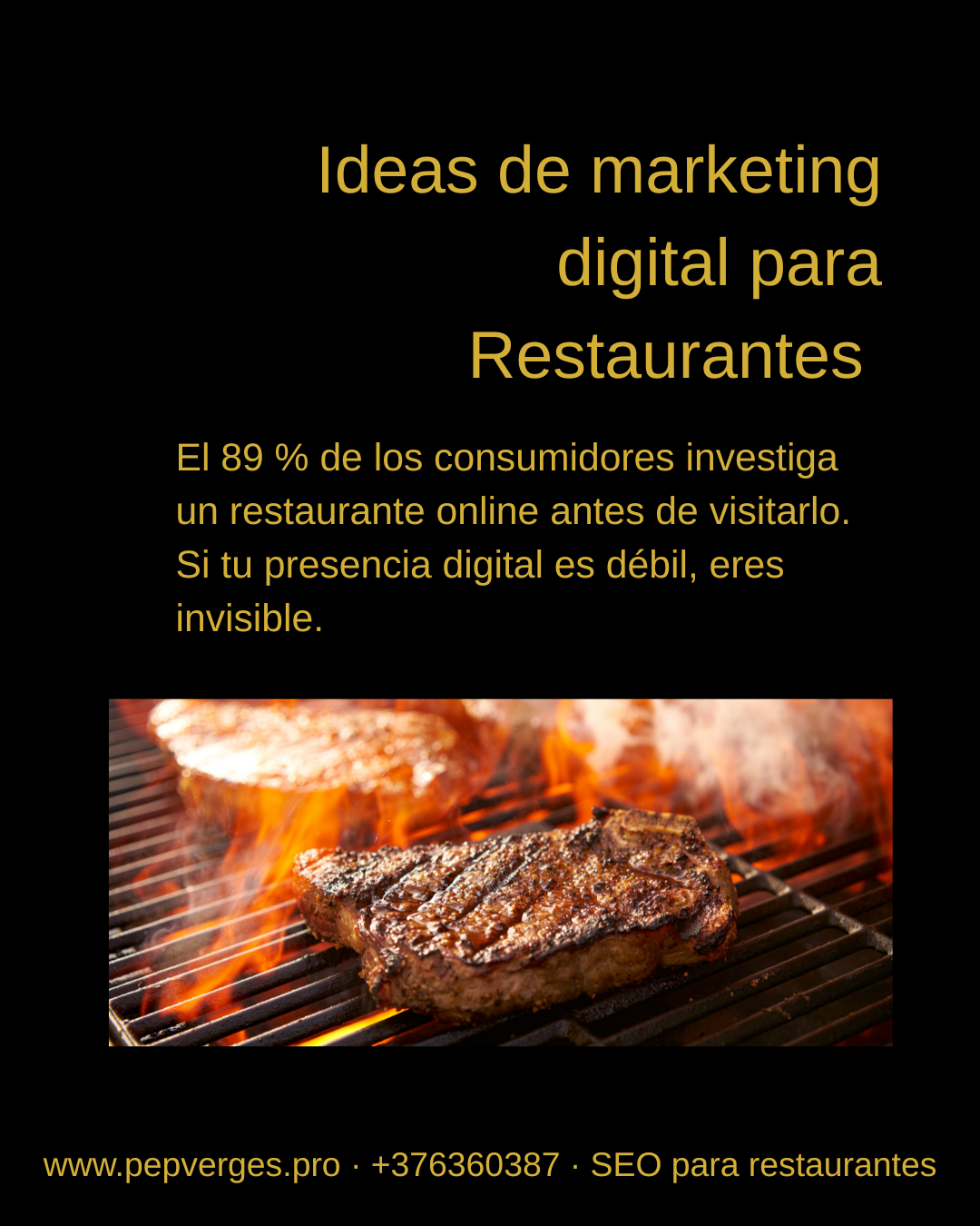 ✨ Idees de Marketing Digital per Restaurants. El 89 % dels clients busca un restaurant online abans de visitar-lo. Si la teva presència digital és feble ets invisible.

Aquí tens 10 estratègies que funcionen de veritat el 2026:

11. Optimitza Google Business Completa tots els camps, puja fotos reals i publica cada setmana. Els restaurants actius reben 3–7× més sol·licituds d’indicacions.

12. Newsletter per email ROI del 4.400%. Un sol correu pot portar clients de tornada.

13. Micro‑influencers locals Engagement del 8–15% amb audiències que viuen a prop del teu restaurant.

14. Web ràpida i adaptada al mòbil El 59% del trànsit ve de smartphones. Si la teva web és lenta, el client marxa.

15. Google Ads geolocalitzats Converteixen entre 6 i 12% dels clics en reserves o comandes.

16. Plataformes de ressenyes Coherència total en nom, adreça i horaris. Respon sempre.

17. SMS Marketing Taxa d’obertura del 98%. Perfecte per ofertes flash.

18. Blog gastronòmic Millora el SEO i et posiciona com a referent culinari.

19. Delivery optimitzat Els clients de delivery visiten el restaurant 67% més que els presencials.

20. Retargeting en xarxes Anuncis un 50–75% més barats que la publicitat en fred.

Si vols que el teu restaurant facturi molt més, comença per aquí: Visibilitat, velocitat i estratègia.

📍 www.pepverges.pro 📞 +376360387 SEO per restaurants