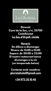 HOTEL RESTAURANT LA GLORIETA. MÀXIMA QUALITAT A PREUS MOLT EQUILIBRATS. L’Albert fa bona cuina amb el sabor de la cuina tradicional. La de tota la vida. La filosofia del restaurant es basa a treballar amb productes de km 0, proximitat, qualitat i cuinats amb passió. Albert Formentí, el xef de l'Alt Urgell. Des de Castellciutat, el restaurant La Glorieta per als millors comensals amb una cuina de mercat, a grans gurmets del Pirineu i Andorra. On el bon menjar se serveix amb vistes al Cadí. Experiència culinària única Entre Els Pirineus i la Serra del Cadí, Restaurant La Glorieta ofereix plats frescos de temporada i una experiència gastronòmica amb una cuina catalana inigualable per als amants del bon menjar. Esdeveniments i Cerimònies. Podem ajudar-te. Demana'ns informació i visita les nostres instal·lacions: salons, zona i piscina per a còctel. Autèntica gastronomia catalana de mercat Cuinem amb el cor per despertar sentiments El nostre restaurant ofereix una cuina catalana casolana, renovada i amb productes de mercat. Treballem l'ampli receptari de la nostra comarca de l'Alt Urgell i de més enllà. La filosofia del restaurant es basa a treballar amb productes de km 0, proximitat, qualitat i cuinats amb passió. La proximitat de l'hort ens facilita productes amb autèntics sabors. La nostra oferta gastronòmica presenta un ampli ventall d'eleccions des d'un menú diari amb suggeriments, tota classe d'arrossos o bé un menú degustació que, depenent de la temporada, ens trobarem que hi haurà diferents aliments en el nostre menú gastronòmic, dotant-lo d'una diversitat infinita. També disposem d'una oferta de plats i tapetes per organitzar qualsevol mena d'esdeveniment. El nostre xef Albert és una persona que té com a principal motivació donar el millor de si mateix, sent la seva millor recompensa la satisfacció dels seus hostes. Fill de la Seu, que ha viscut la cuina des de petit, que va estudiar a l'escola de cuina de Cambrils i que ha treballat al costat de grans xefs, és l'encarregat d'assegurar tota la nostra producció, aperitius, entrants, carns, peixos, plats de tota la vida, creacions modernes, postres casolanes i gelats artesanals. Direcció: Camí de la Seu, s/n, 25700 Castellciutat La Seu d'Urgell, Lleida Horaris De dilluns a diumenge: Dinars: de 13:00 a 15:00 Sopars: de 20:00 a 22:00 El nostre restaurant tanca diumenges nit (en temporada baixa) Contacta amb nosaltres: glorietahotel@gmail.com - +34973351045 Màxima qualitat a preus molt equilibrats.