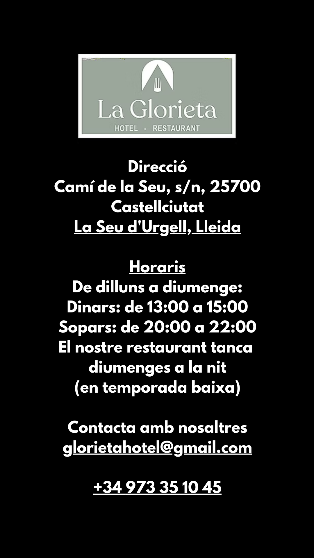 HOTEL RESTAURANT LA GLORIETA. MÀXIMA QUALITAT A PREUS MOLT EQUILIBRATS. L’Albert fa bona cuina amb el sabor de la cuina tradicional. La de tota la vida. La filosofia del restaurant es basa a treballar amb productes de km 0, proximitat, qualitat i cuinats amb passió.

Albert Formentí, el xef de l'Alt Urgell. Des de Castellciutat, el restaurant La Glorieta per als millors comensals amb una cuina de mercat, a grans gurmets del Pirineu i Andorra. On el bon menjar se serveix amb vistes al Cadí.

Experiència culinària única 

Entre Els Pirineus i la Serra del Cadí, Restaurant La Glorieta ofereix plats frescos de temporada i una experiència gastronòmica amb una cuina catalana inigualable per als amants del bon menjar.

Esdeveniments i Cerimònies. Podem ajudar-te. Demana'ns informació i visita les nostres instal·lacions: salons, zona i piscina per a còctel.

Autèntica gastronomia catalana de mercat

Cuinem amb el cor per despertar sentiments

El nostre restaurant ofereix una cuina catalana casolana, renovada i amb productes de mercat. Treballem l'ampli receptari de la nostra comarca de l'Alt Urgell i de més enllà.

La filosofia del restaurant es basa a treballar amb productes de km 0, proximitat, qualitat i cuinats amb passió. La proximitat de l'hort ens facilita productes amb autèntics sabors.

La nostra oferta gastronòmica presenta un ampli ventall d'eleccions des d'un menú diari amb suggeriments, tota classe d'arrossos o bé un menú degustació que, depenent de la temporada, ens trobarem que hi haurà diferents aliments en el nostre menú gastronòmic, dotant-lo d'una diversitat infinita.

També disposem d'una oferta de plats i tapetes per organitzar qualsevol mena d'esdeveniment.

El nostre xef Albert és una persona que té com a principal motivació donar el millor de si mateix, sent la seva millor recompensa la satisfacció dels seus hostes. Fill de la Seu, que ha viscut la cuina des de petit, que va estudiar a l'escola de cuina de Cambrils i que ha treballat al costat de grans xefs, és l'encarregat d'assegurar tota la nostra producció, aperitius, entrants, carns, peixos, plats de tota la vida, creacions modernes, postres casolanes i gelats artesanals.

Direcció: Camí de la Seu, s/n, 25700

Castellciutat

La Seu d'Urgell, Lleida

Horaris

De dilluns a diumenge:

Dinars: de 13:00 a 15:00

Sopars: de 20:00 a 22:00

El nostre restaurant tanca diumenges nit (en temporada baixa)

Contacta amb nosaltres: glorietahotel@gmail.com  - +34973351045

Màxima qualitat a preus molt equilibrats.
